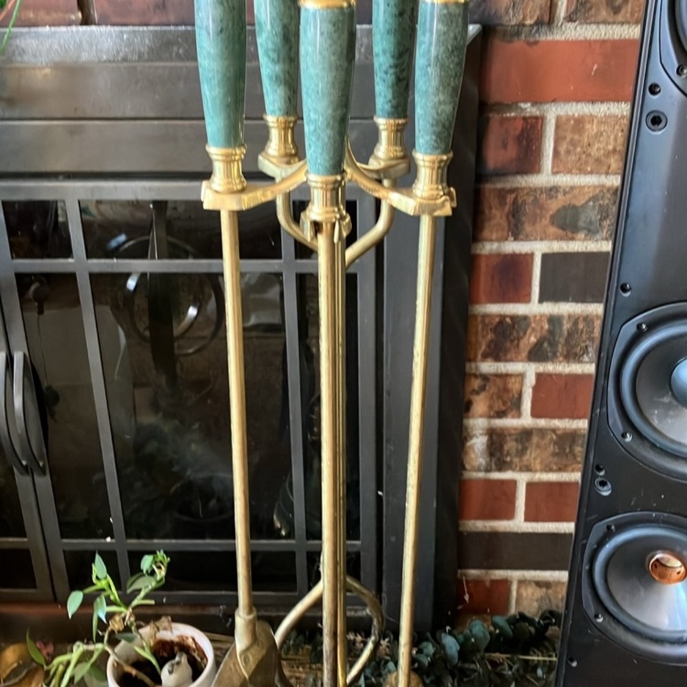 VINTAGE MARBLE Elegant Gold and Green Fireplace Tool Set